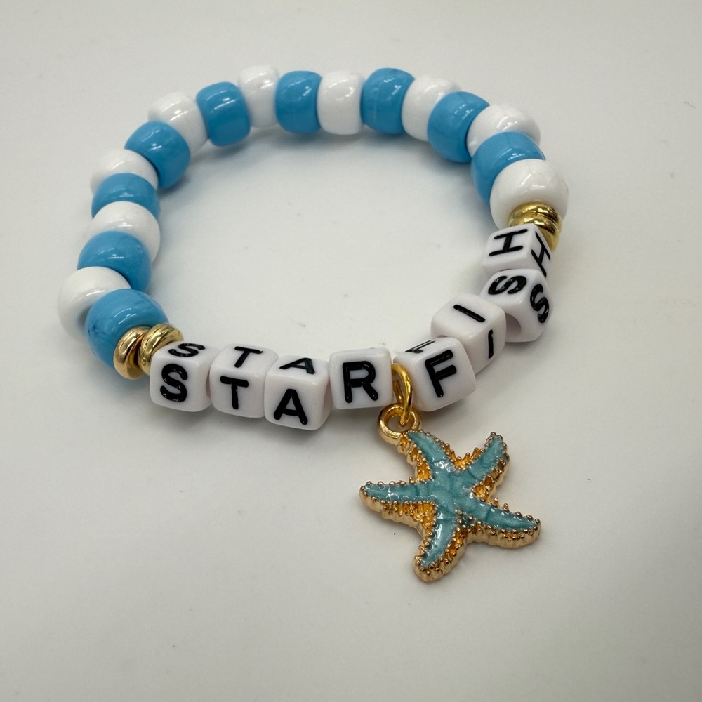 Starfish Handmade Blue and White Bead with Star Charm Gold Tone Bracelet NWOT